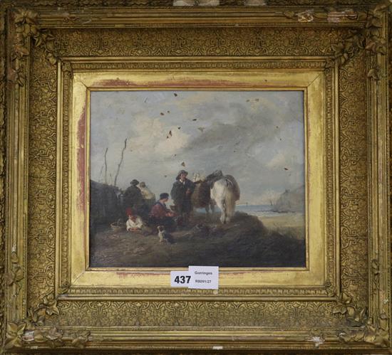 19th century English School, oil on canvas, fisherfolk on the shore, 24 x 29cm